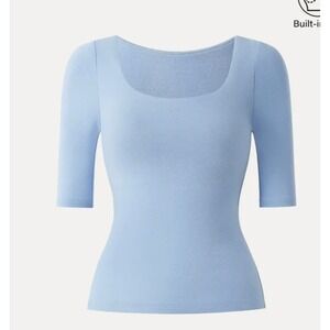 OGL Women Size S Light Blue Square Neck Built-in Bra Top Elbow Sleeve Slim Fit